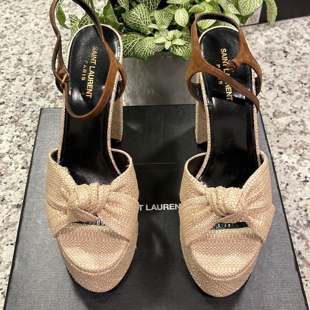 Saint Laurent - Bianca 85 Node Sand knotted platform sandal size 40 - beige
